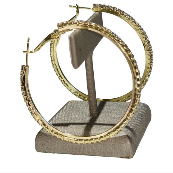 Bohemian Style Gold Plated Round Pave Rhinestone Oversized‎ Hoop Earrings 1.9in - Picture 9 of 16